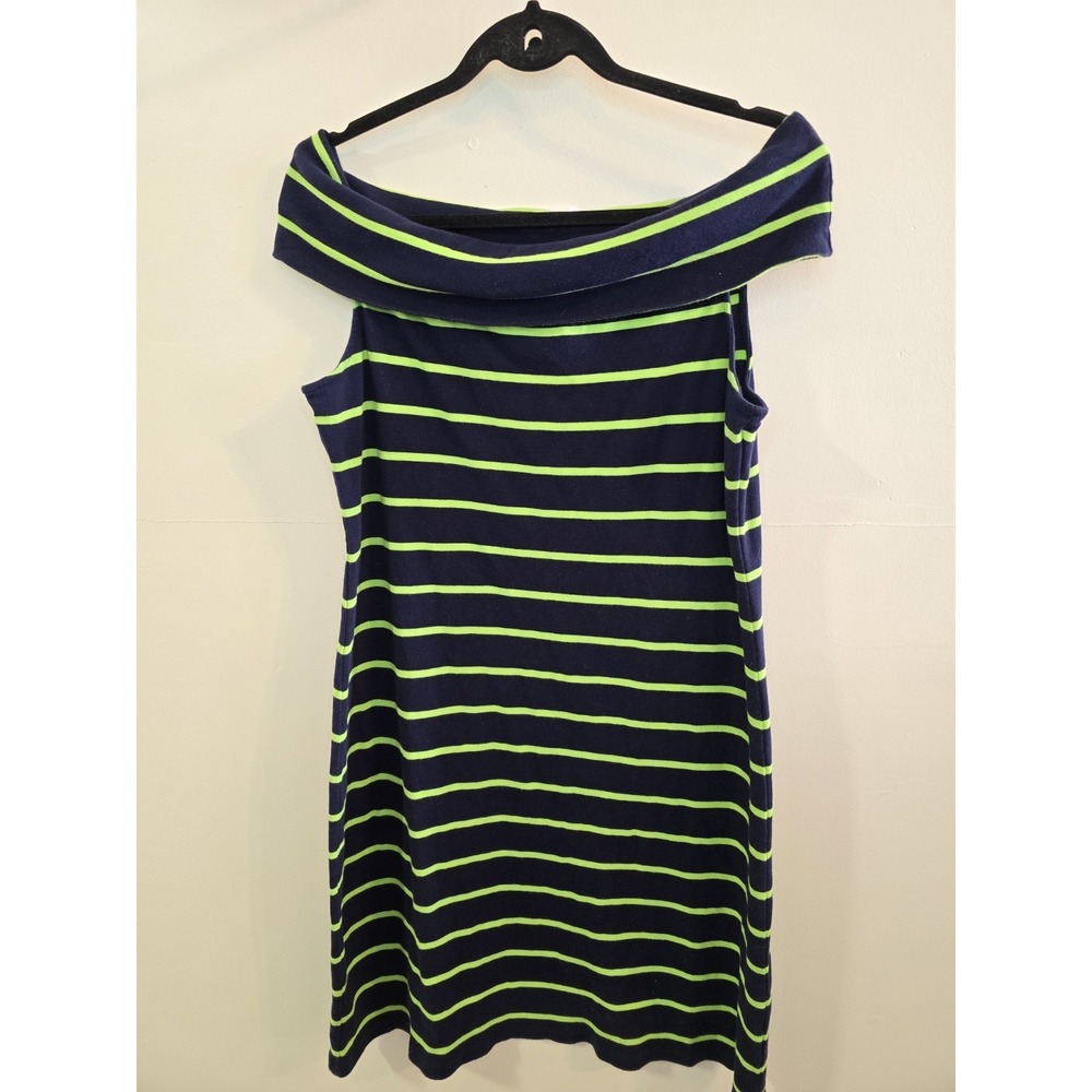 Lauren Ralph Lauren Off Shoulder Navy Green Stripe Cotton Dress L